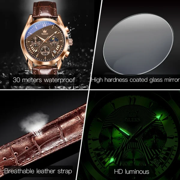 OLEVS Original Luxury Brand Men's Watches High Quality Waterproof Quartz Watch for Men Fashion Leather Strap Man Wristwatch - Image 2