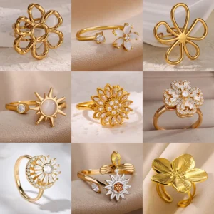 Cubic Zirconia Rotatable Lotus Flower Rings for Women Stainless Steel Gold Color Open Ring 2025 Fashion Wedding Couple Jewelry