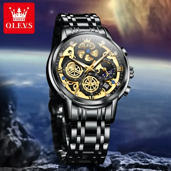 OLEVS 9947 Hot Sell Original Quartz Watch for Men Skeleton Flywheel Design Classic Chrono Small Dial Top Luxury Men's Wristwatch - Image 2