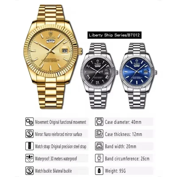 BINBOND Men's Quartz Watch with Stainless Steel Strap Waterproof Casual Watch, Displaying Date and Week with Night Light - Image 3