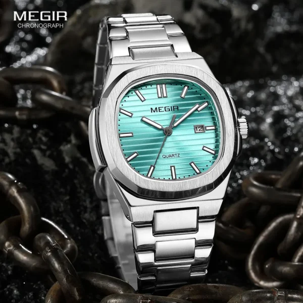 MEGIR Men's Classic Dress Watch with Golden Stainless Steel Band Oval Green Dial Waterproof Quartz Wristwatch with Luminous Hand - Image 2