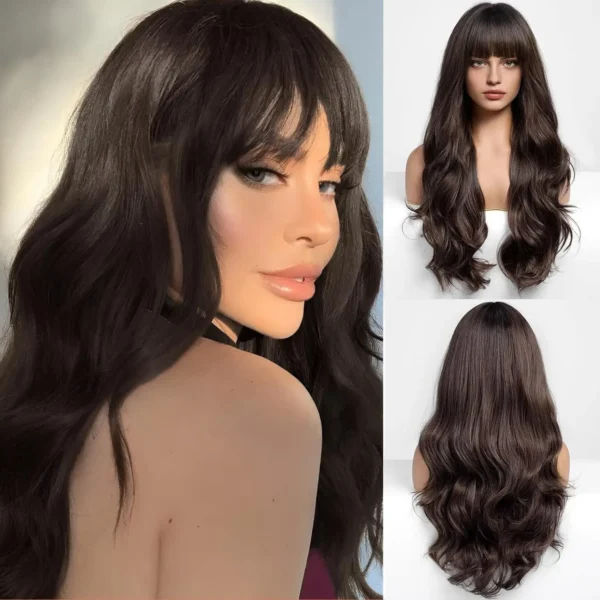 Women's fashion synthetic fiber head set orange wine red bangs long curly hair water ripple high temperature silk wig head set - Image 4
