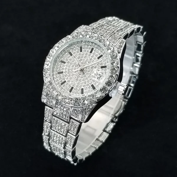Elegant Full Diamond Female Watches Fashion Silver Round Stainless Steel Quartz Watch Iced Out Shiny Waterproof Gift for Women - Image 2