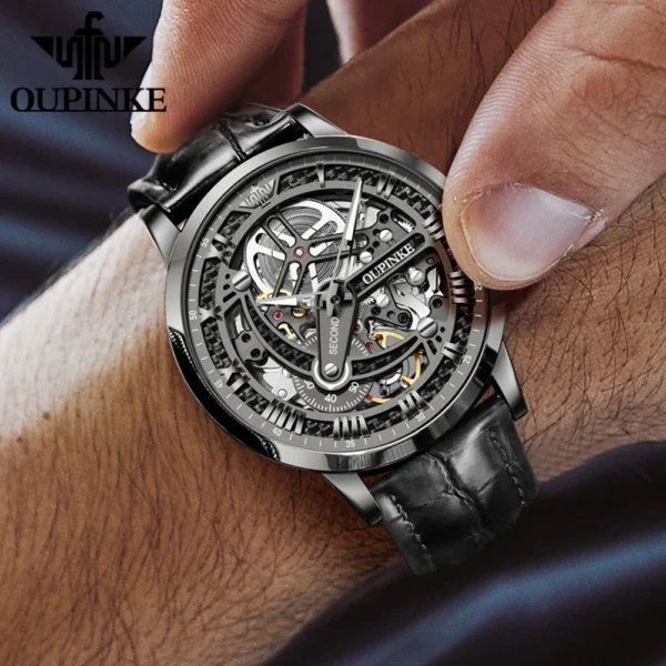 OUPINKE 3173 Original Leather Strap Automatic Hollow Mechanical Wristwatch for Men Chronograph Luxury Top Brand Men's Watches - Image 3