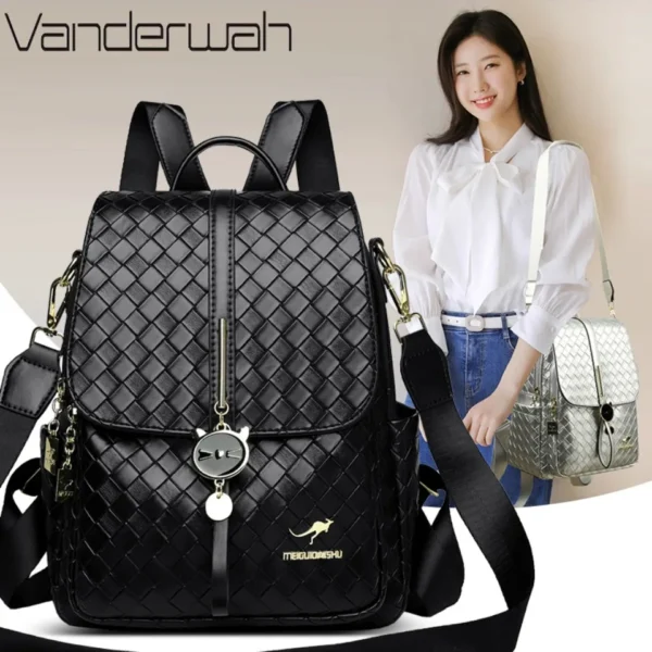 Ladies Woven Backpack Designer High Quality Pu Leather Women Bag Luxury School Bags Large Capacity A4 Backpacks with Cat Pendant
