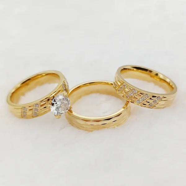 Wedding Rings Sets For Men And Women 3pcs Unique Designer Hammered 24k Gold Plated Jewelry cz Diamond Couples Engagement Ring - Image 5