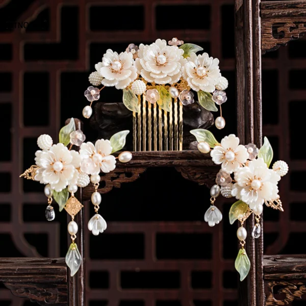 White Flower Hair Clips Hairpin Side Combs Chinese Hanfu Hair Accessories Set Vintage Handmade Hair Sticks Women Retro Jewelry - Image 4