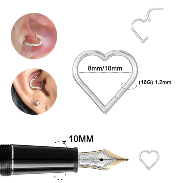 ASTM F36 Titanium 16G Heart Hoops Fashion Nose PIERC Sexy Ear Tragus Daith Cartilage Rings Clicked Body Jewelry for Women Gifts - Image 2