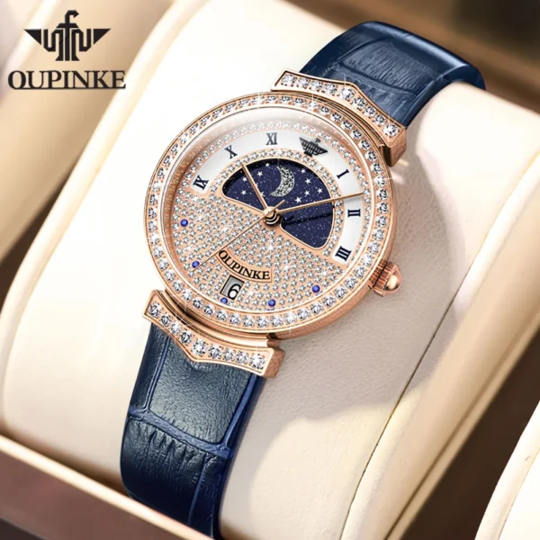 OUPINKE 3216 Original Swiss Quartz Movement Watch for Woman Full Diamond Women's Watches Leather Strap Waterproof Ladies Watches