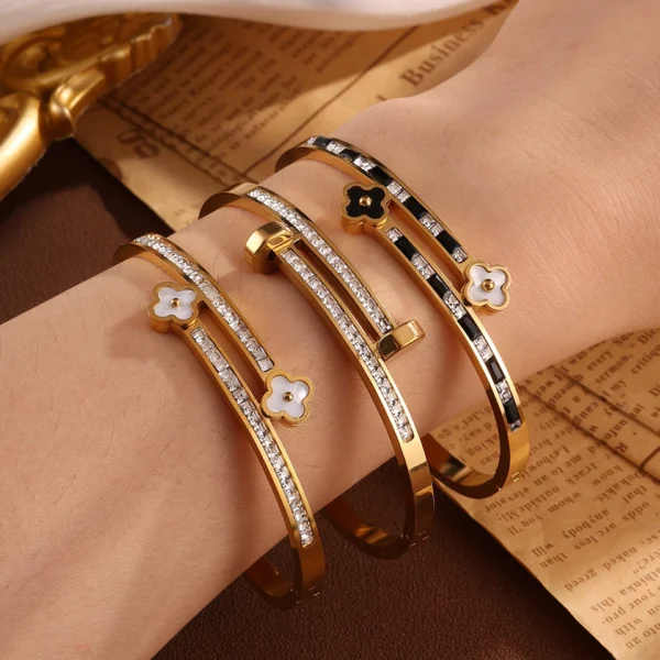 Yupsk 3Pcs/Set Stainless Steel Four-leaf Flower Nail Head Open Bracelet Bnagles for Women Female Aesthetic Jewelry Gift - Image 3