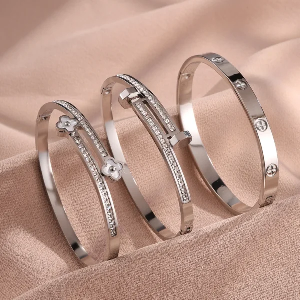 Yupsk 3Pcs/Set Stainless Steel Four-leaf Flower Nail Head Open Bracelet Bnagles for Women Female Aesthetic Jewelry Gift - Image 2