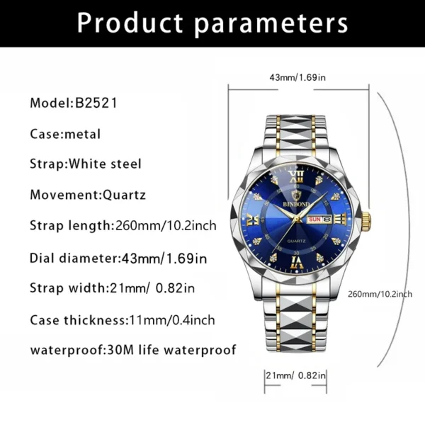 BINBOND Men Waterproof Week Date Clock Stainless Steel Sport Watch Top Brand Luxury Fashion Quartz Watch Men Quartz Wristwatch - Image 4