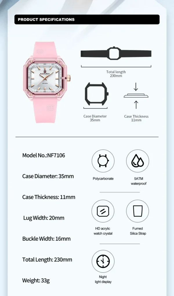 NAVIFORCE NF7106 Ladies Wristwatch Quartz Sports Casual Watches for Women 5ATM Water Resistant Silica Band Female Gift Clock - Image 2