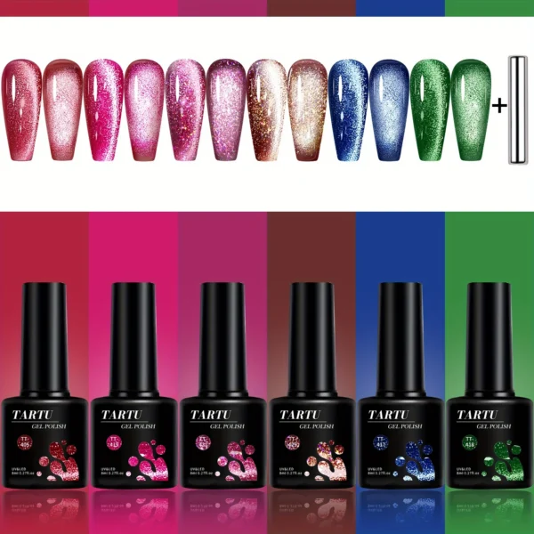 TARTU 6pcs 8ml Cat Eye Gel Nail Polish Set, 6 Colors Gel Polish Kit, Soak Off for Uv/Led, for Salon and Nail Art DIY At Home
