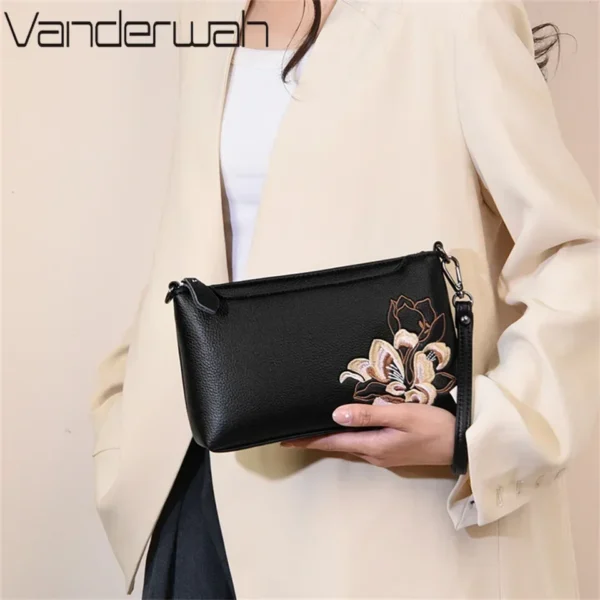Elegant Black Leather Crossbody Bag with Floral Embroidery Compact Versatile Shoulder Bag for Women Blend of Style and Function - Image 2
