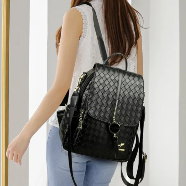 Ladies Woven Backpack Designer High Quality Pu Leather Women Bag Luxury School Bags Large Capacity A4 Backpacks with Cat Pendant - Image 2