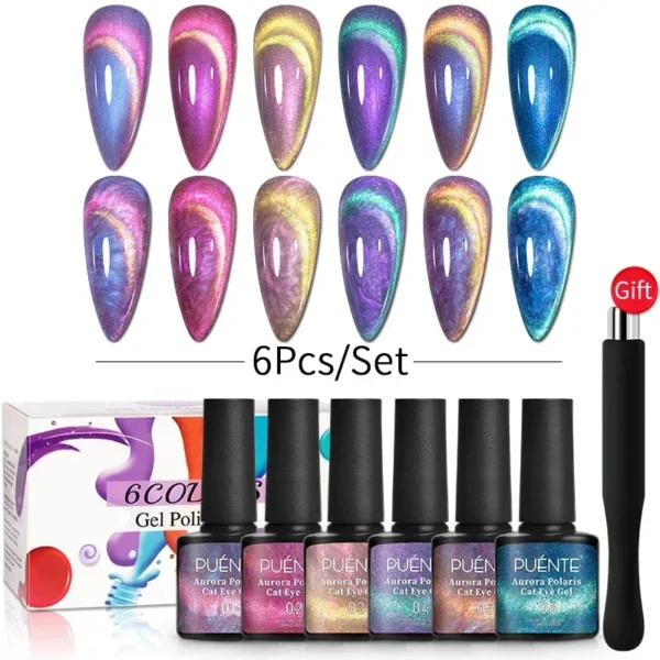 PUENTE 6Pcs Aurora Shell Thread Cat Magnetic Gel Polish Set With Magnet Glitter Pearl Cat Eye Gel Soak Off Nail Art Varnish Kit