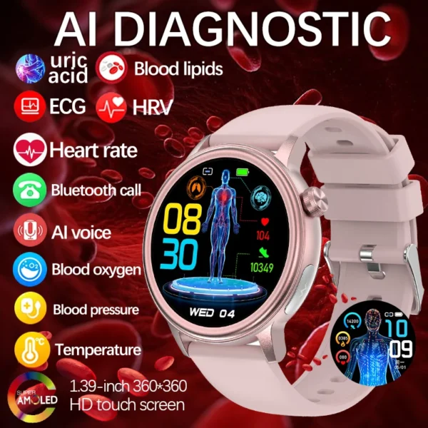 2025 New AI Diagnostic Smart Watch Women Physical Health ECG+PPG Heart Rate Blood Pressure Temperature Bluetooth Call SmartWatch