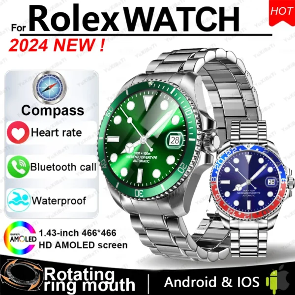For Rolex New Smart Watch Men Compass GPS Track SmartWatch Amoled Always Displays Temperature Clock BT Call Smartwatch+BOX 2024