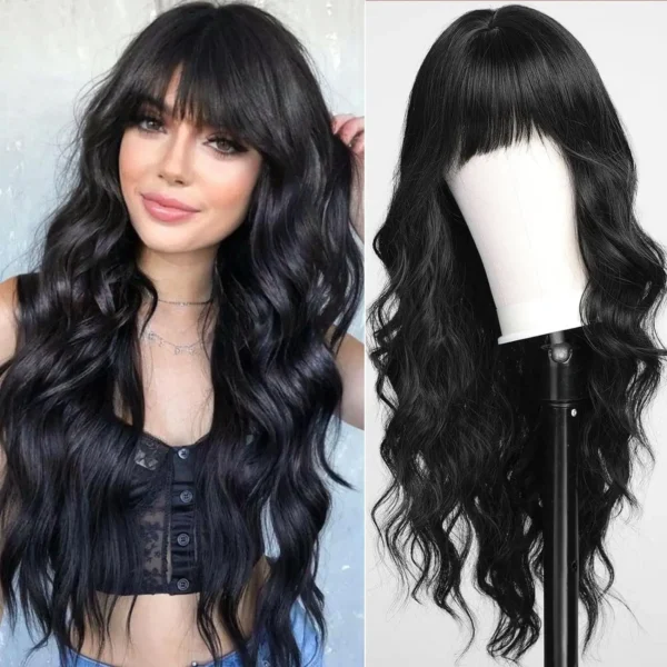 Women's fashion synthetic fiber head set orange wine red bangs long curly hair water ripple high temperature silk wig head set - Image 5