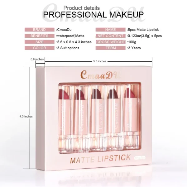 5pcs CmaaDu Matte Velvet Lipstick Set - Long-Lasting Waterproof Red Nude Lipsticks Collection Non-Stick Cup Makeup Cosmetics - Image 6