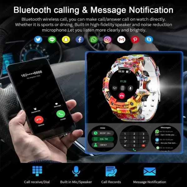 Military Outdoor Sports Watch Men 100+Sports Flashlight Compass Heart rate Bluetooth Call Waterproof Smart Watch For Android iOS - Image 5