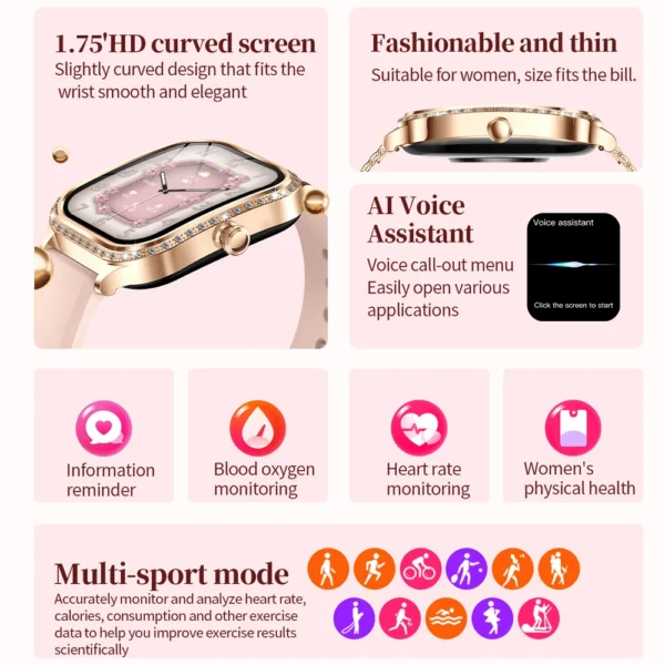 For Xiaomi Huawei New Women Smart Watch Heart Rate Blood Pressure Monitor Music Playback AI Voice Sports BT Calling SmartWatch - Image 2