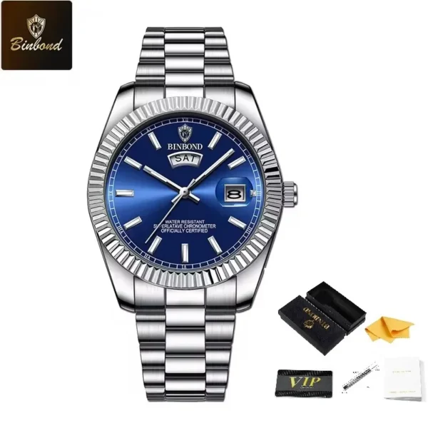 BINBOND Men's Quartz Watch with Stainless Steel Strap Waterproof Casual Watch, Displaying Date and Week with Night Light