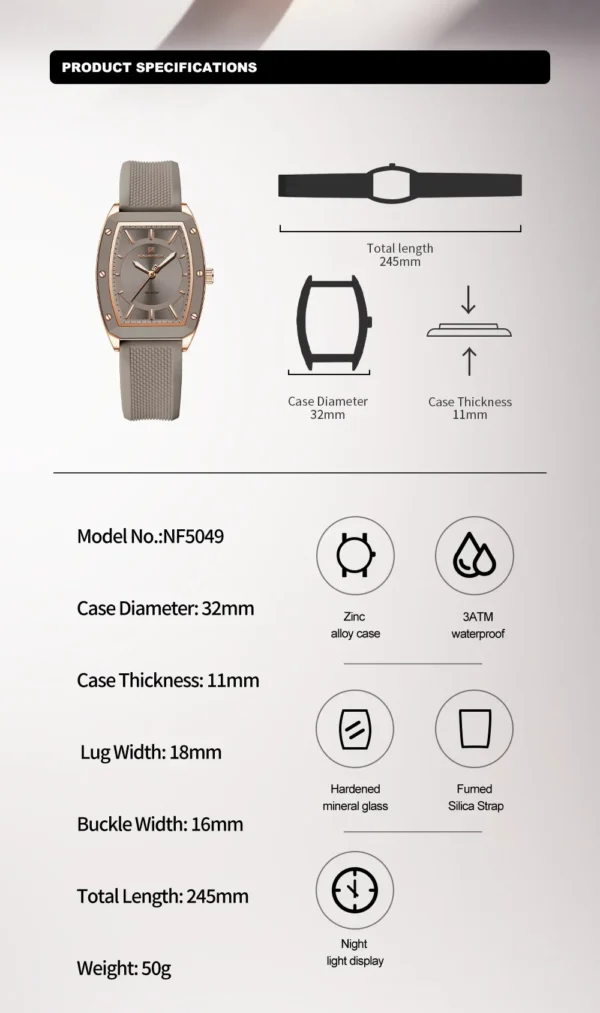 NAVIFORCE NF5049 Women Quartz Watches Silicone Strap Student Sports Watch Big Dial Simple Tonneau Waterproof Wristwatches - Image 2