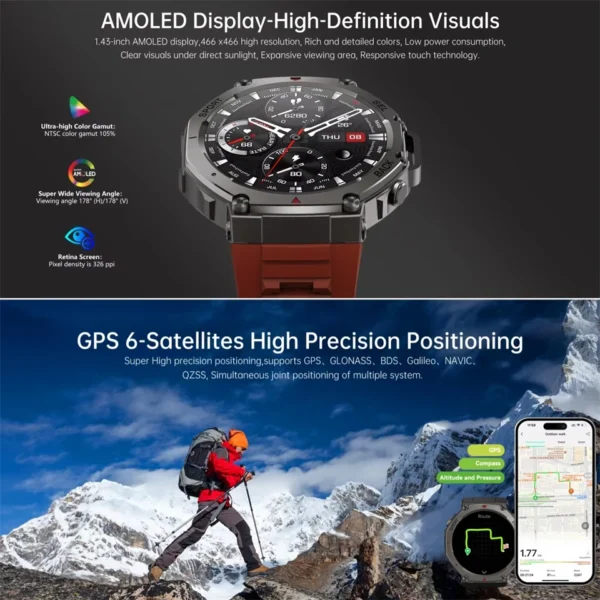 Outdoor Smart Watch For T-Rex 3 GPS Smartwatch AMOLED Touch Screen 5ATM Compass Smart Fitness Sport Monitor Men Watch ForXiaomi - Image 5