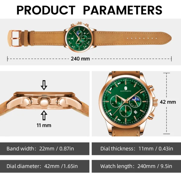 SAPPHERO Men's Business Watches Leather Strap Sports Casual Quartz Men's Watch Classic Waterproof Timepiece 5ATM Wrist Watch - Image 5