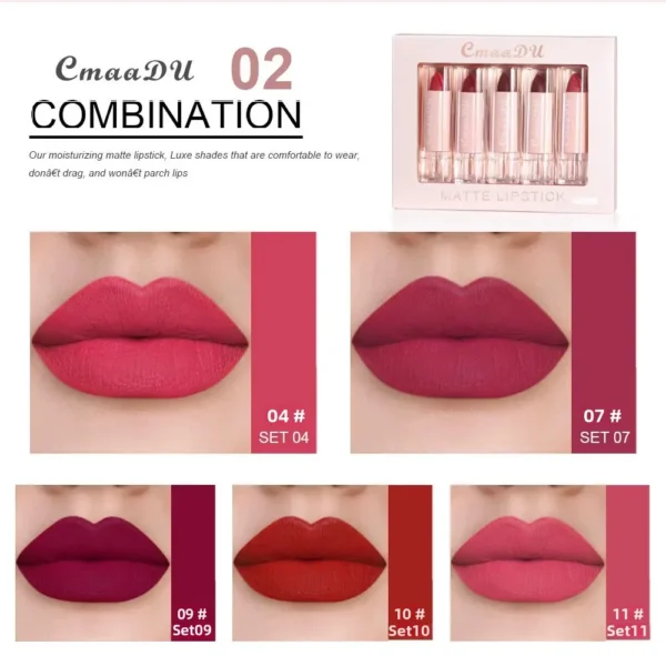 5pcs CmaaDu Matte Velvet Lipstick Set - Long-Lasting Waterproof Red Nude Lipsticks Collection Non-Stick Cup Makeup Cosmetics - Image 3