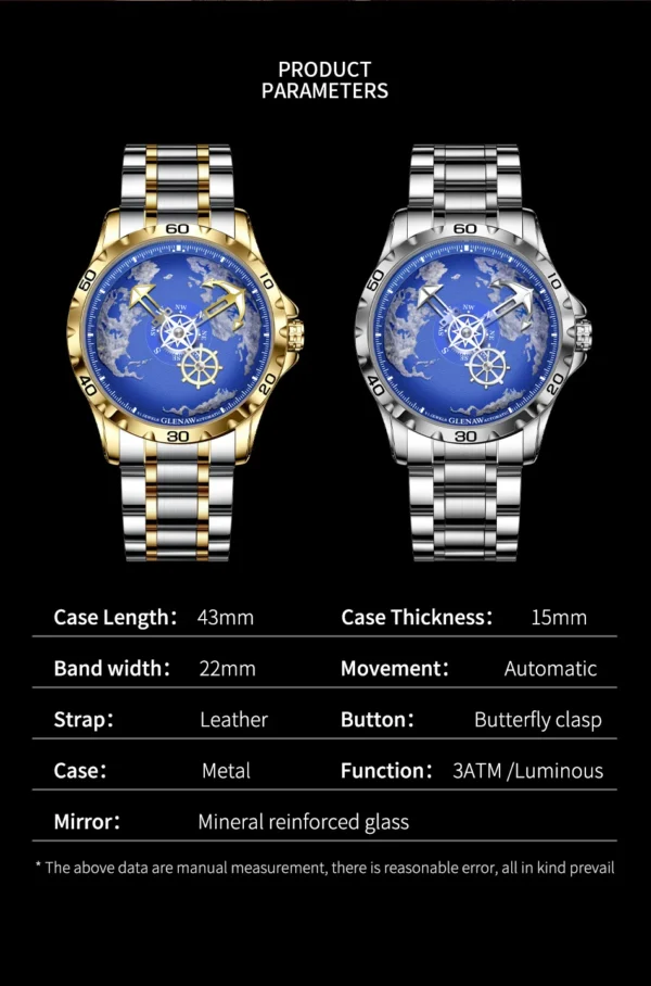 Glenaw Navigator Series Fully Automatic Mechanical Watch Gold and Silver Dual Color Globe and Casual High-end Watch - Image 8