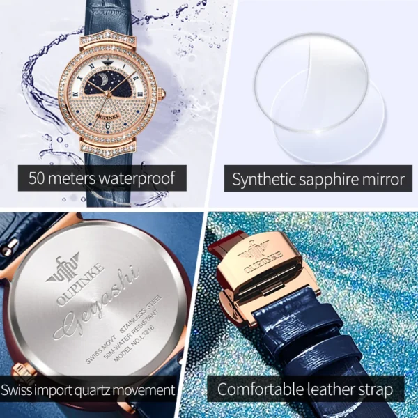 OUPINKE 3216 Original Swiss Quartz Movement Watch for Woman Full Diamond Women's Watches Leather Strap Waterproof Ladies Watches - Image 5