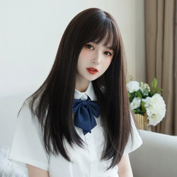 Korea Hair Extensions Synthetic Cute JK Girl Cosplay Air Bangs Wig Breathable Head Cover 50cm Long Straight Wig Hat for Women - Image 3