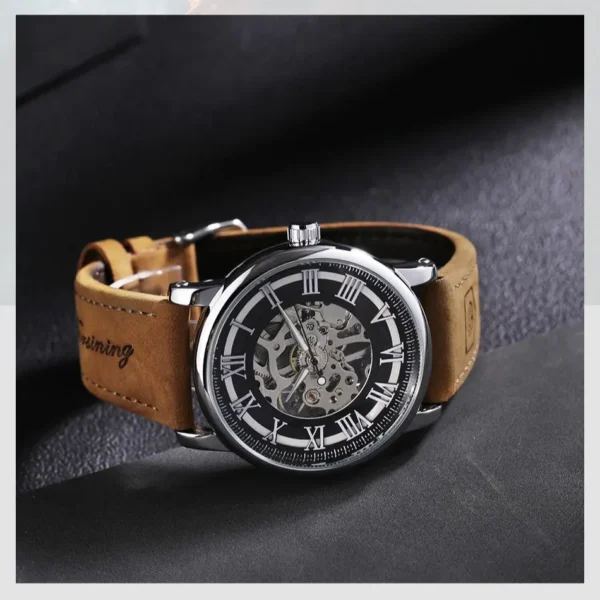 Forsining Classic Skeleton Hand Winding Watches Luminous Hands Mechanical Watch for Men Brown Leather Strap Business Wristwatch - Image 4