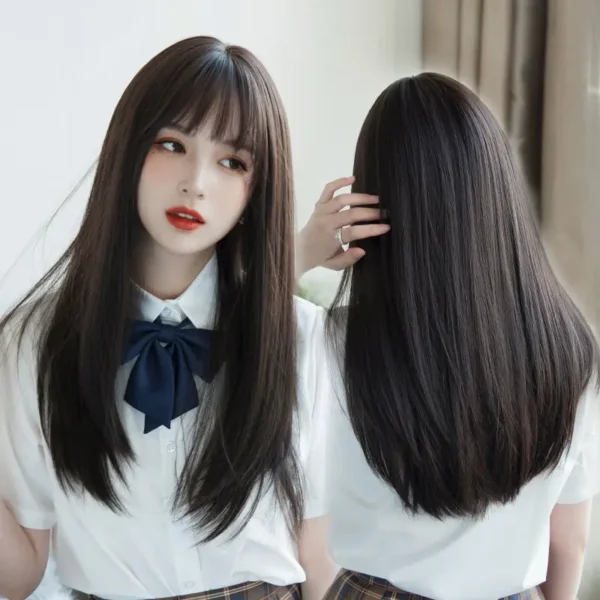 Korea Hair Extensions Synthetic Cute JK Girl Cosplay Air Bangs Wig Breathable Head Cover 50cm Long Straight Wig Hat for Women - Image 4
