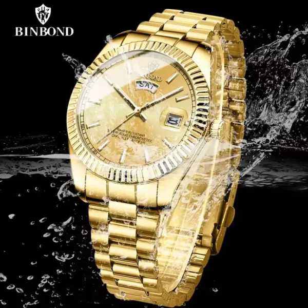 BINBOND Men's Quartz Watch with Stainless Steel Strap Waterproof Casual Watch, Displaying Date and Week with Night Light - Image 6
