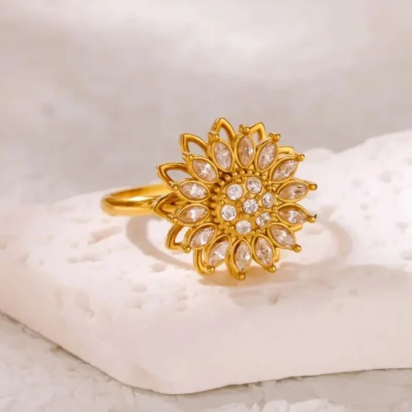 Cubic Zirconia Rotatable Lotus Flower Rings for Women Stainless Steel Gold Color Open Ring 2025 Fashion Wedding Couple Jewelry - Image 2