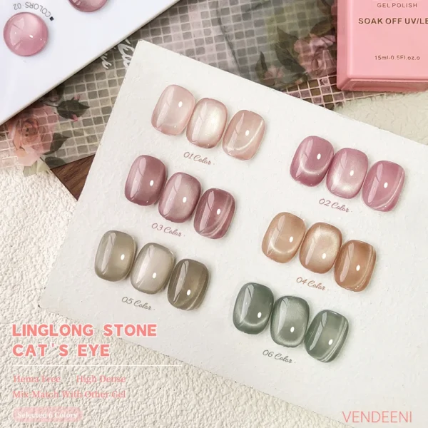 Vendeeni 6 Colors Magnetic Cat Eye Gel Nail Polish Set Pink UV LED Soak Off Gel Varnish Crystal Cat Eye Gel Lacquer With Display - Image 2