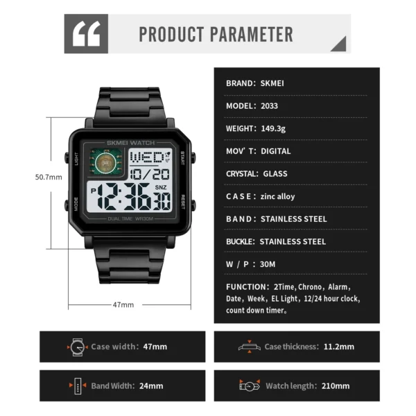 SKMEI Mens Full Steel Sport Watches Back Light Digital Countdown Timer Stopwatch Clock Wristwatch Waterproof Montres pour hommes - Image 6