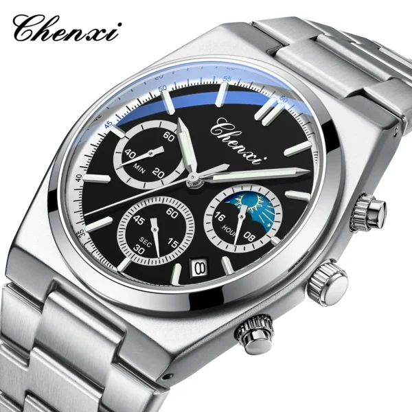 CHENXI Classic Business Moon Phase Men Watches Chronograph Quartz Man Watch Steel Strap Calendar Waterproof Luminous Wristwatch