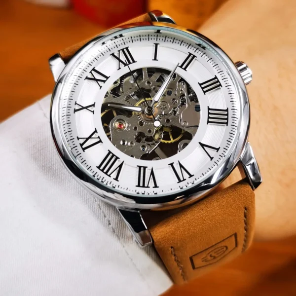Forsining Classic Skeleton Hand Winding Watches Luminous Hands Mechanical Watch for Men Brown Leather Strap Business Wristwatch