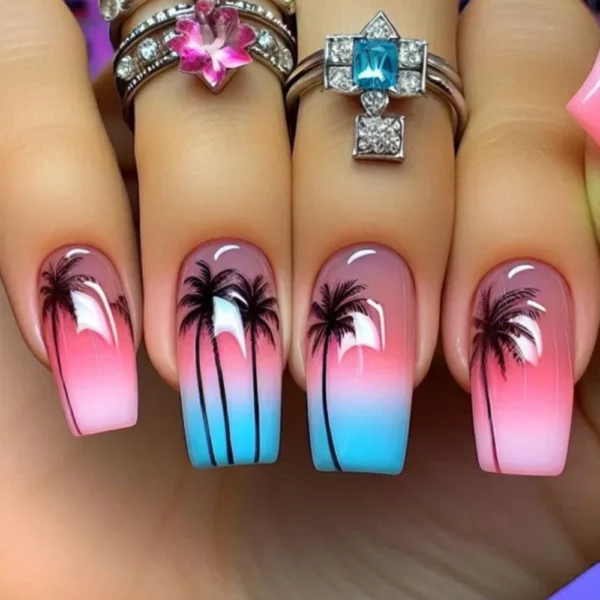 24pcs Golden Stripe Press on Nails Shiny Powder Love Design Long Square False Nails Wearable Full Cover Nail Tips Blue Fake Nail - Image 3