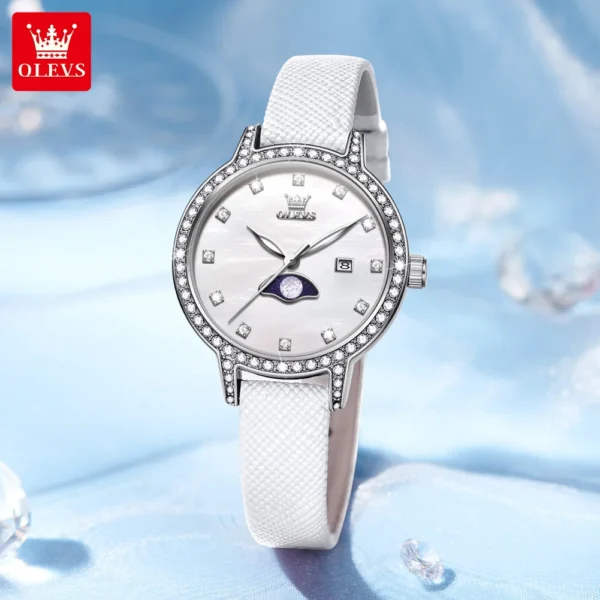 OLEVS 5597 Woman Watch Leather Strap Diamond Bezel Moon Phase Quartz Watch for Women Calendar Waterproof Ladies Wrist Watches - Image 2