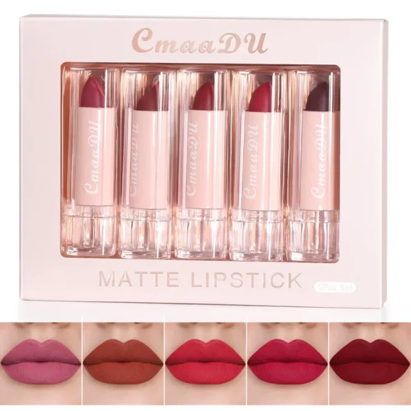 5pcs CmaaDu Matte Velvet Lipstick Set - Long-Lasting Waterproof Red Nude Lipsticks Collection Non-Stick Cup Makeup Cosmetics