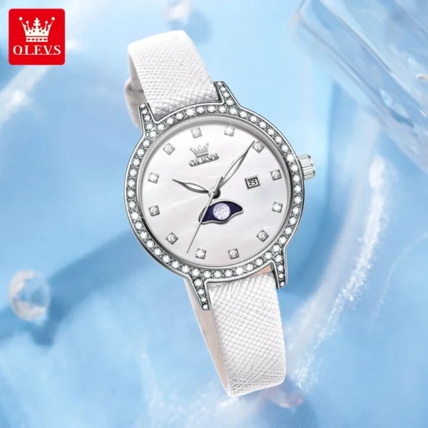 OLEVS 5597 Woman Watch Leather Strap Diamond Bezel Moon Phase Quartz Watch for Women Calendar Waterproof Ladies Wrist Watches - Image 3