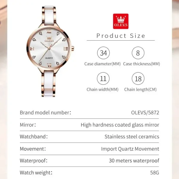 OLEVS 5872 Women Watch Fashion Original Luxury Quartz Watch Waterproof Ceramic Strap Authentic Premium Gift Elegant Women Watch - Image 6