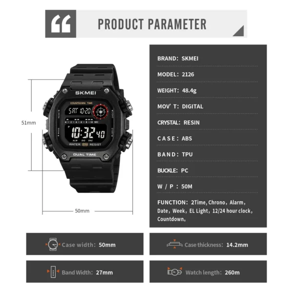 SKMEI 2126 Digital Countdown Sports Watch for Men LED Display Waterproof Stopwatch Mens Wristwatches Alarm Clock Montre Homme - Image 6