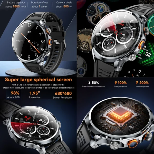 4G Smart Watch 1.95 inch 680*680 AMOLED 8GB+128GB RAM 1100mah 500W Camera GPS WIFI Google APP Download Android 9.0 5G Smartwatch - Image 2